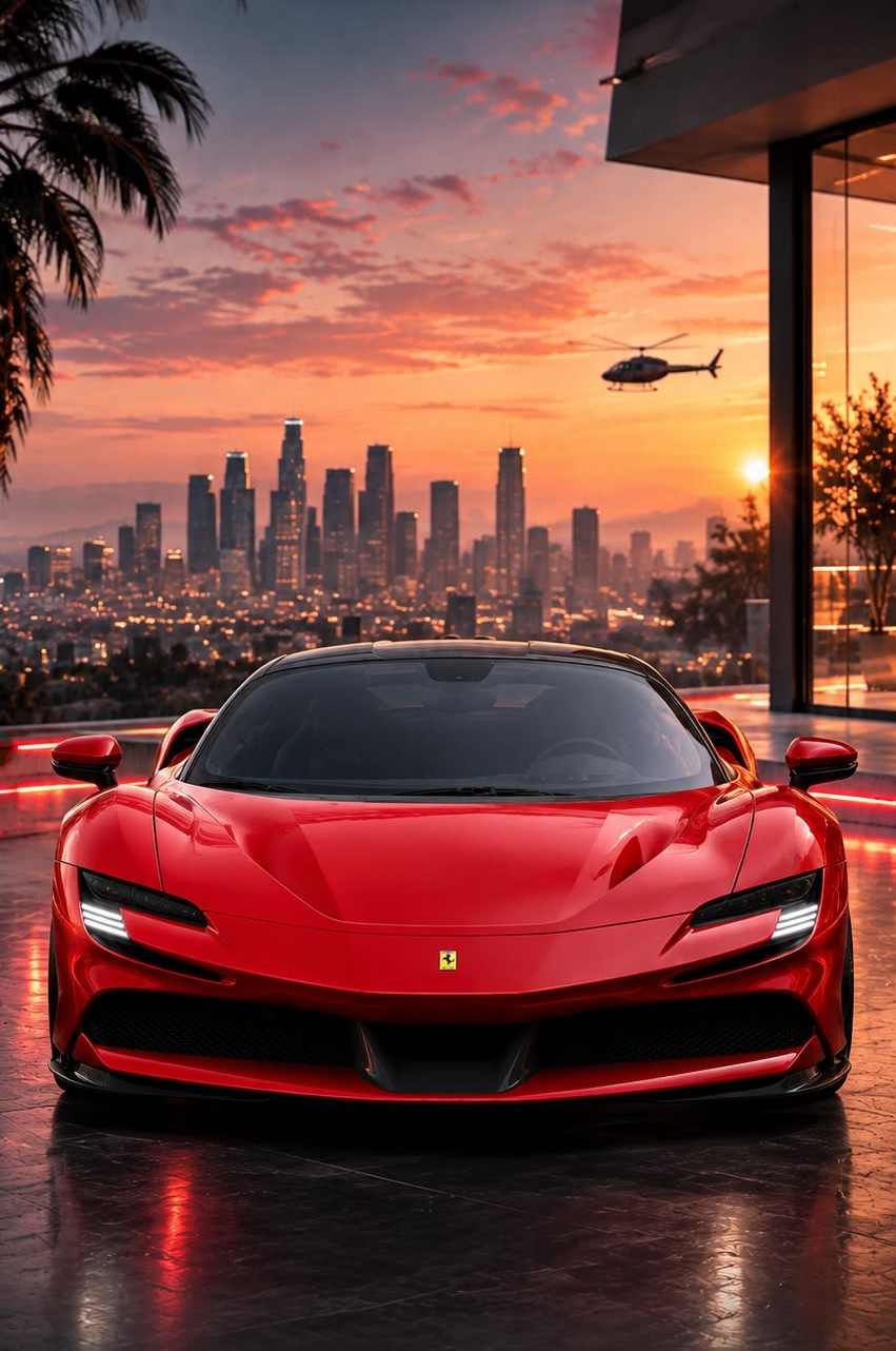 Ferrari SF90 on a hillside terrace above the Los Angeles skyline at sunset